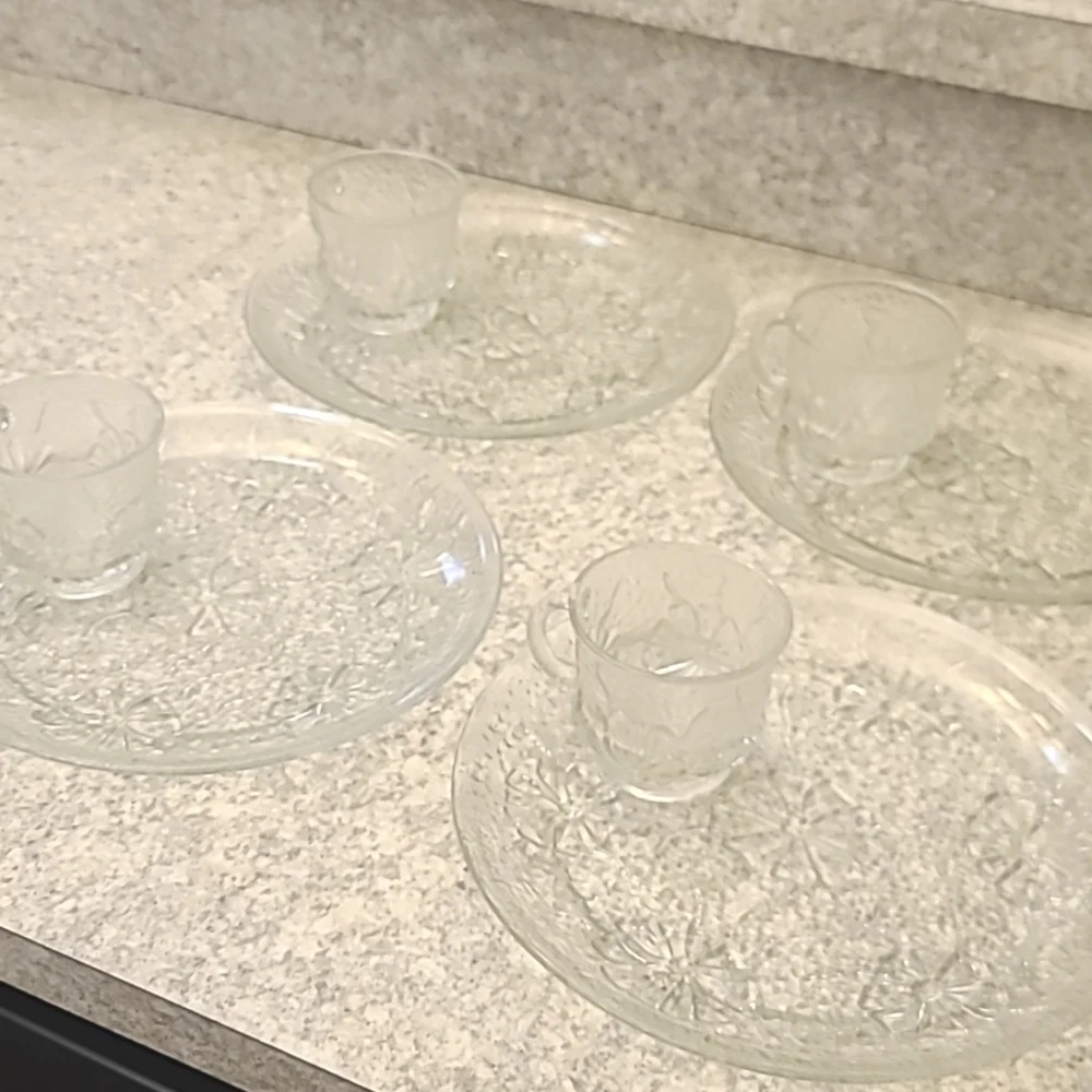 Vintage Rain Flower Clear Floral Glass Plate and Cup Set of 4